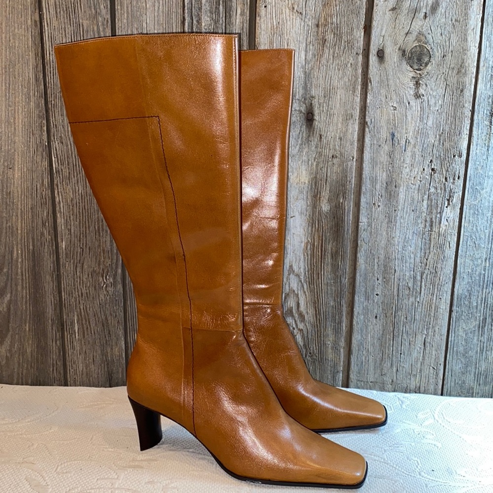 Nine West N-Landing brown leather knee high square toe boots NEW. CBK vibes!